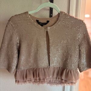 BCBG Max Azria Tiiu Full Sequin Bolero Shrug Silk Champagne Gold NRK4E139